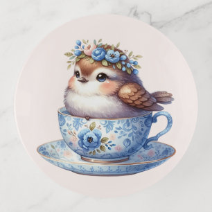 Cute Bird in Floral Teacup Cottagecore Art Trinket Tray