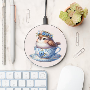 Cute Bird in Floral Teacup Cottagecore Art Wireless Charger
