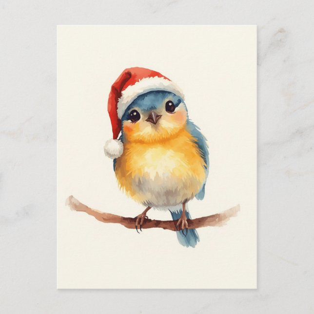 Cute Bird in Santa Hat Watercolor Xmas Holiday Postcard (Front)
