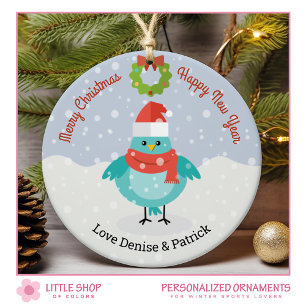 Cute Bird in Snow Christmas Ceramic Ornament