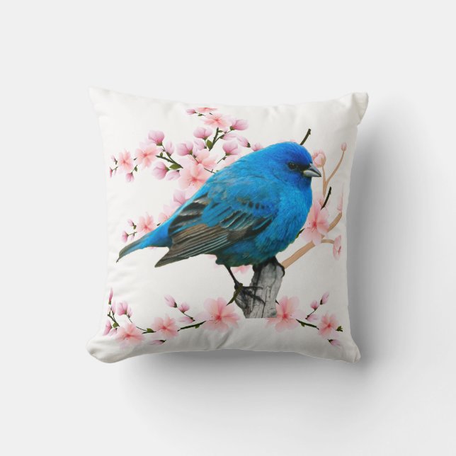 Cute bird indigo bunting on cherry blossom  throw pillow (Front)