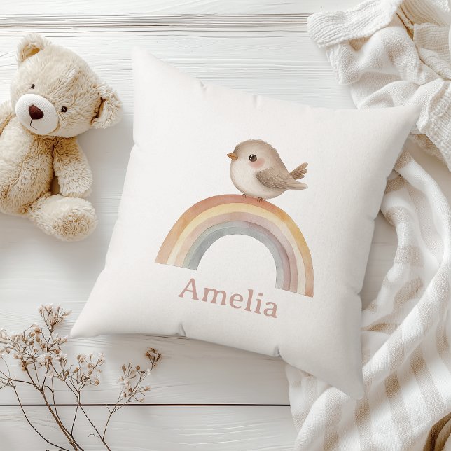 Cute Bird On A Boho Rainbow With Baby Name Nursery Throw Pillow (Creator Uploaded)