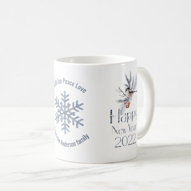 Cute Bird On A Branch. Red Berries. Happy New Year Coffee Mug (Front Right)