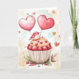 Cute Bird on Cupcake Heart Balloons Holiday Card