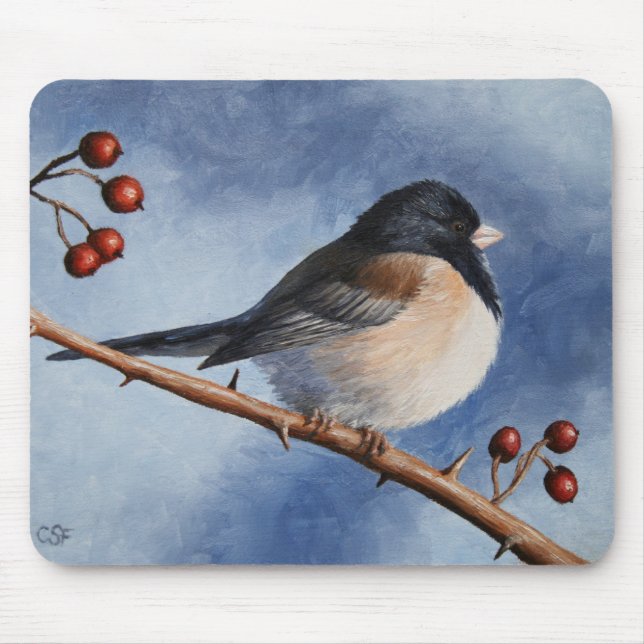 Cute Bird Oregon Junco and Winter Berries Mouse Pad (Front)