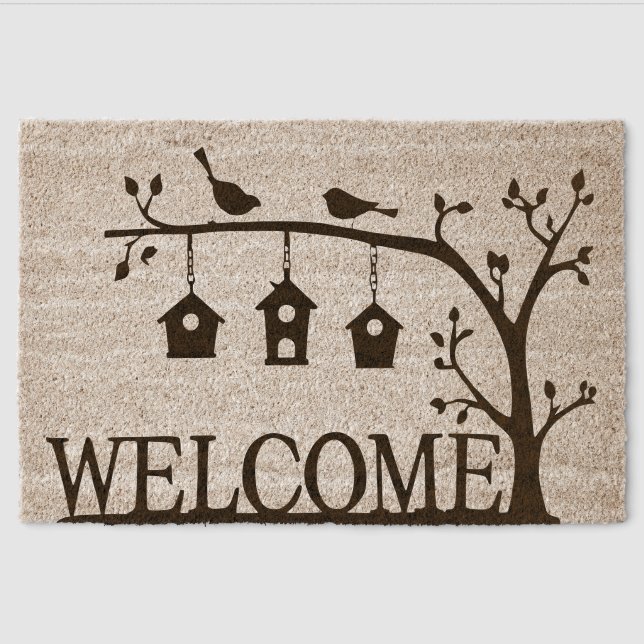 Cute Bird Pair Feeder Tree Nature Welcome   Fiber Doormat (Front)