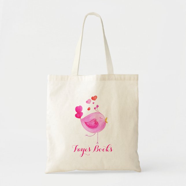 Cute bird pink kids named id library tote bag (Front)