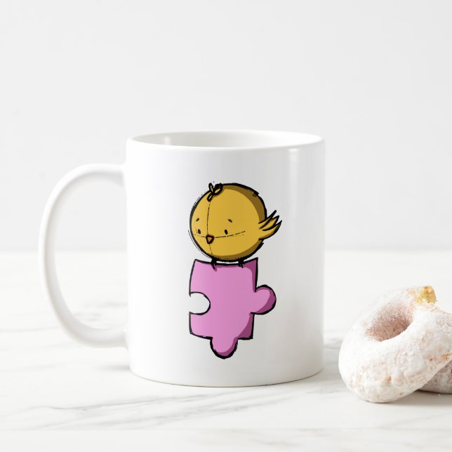 Cute Bird Pink Puzzle Piece Coffee Mug (With Donut)