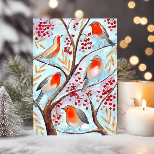Cute Bird Red Robin Blue Christmas Family Holiday Card