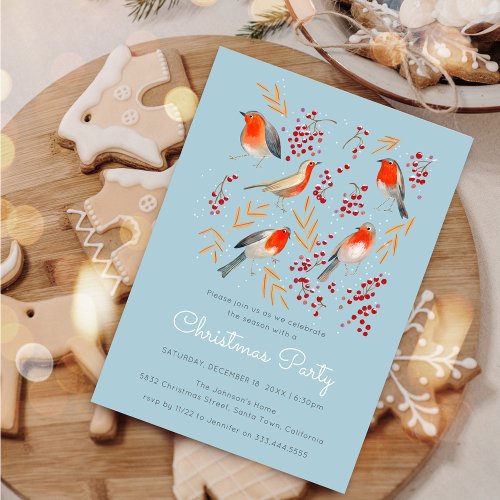 Cute Bird Red Robin Blue Christmas Family Party Invitation