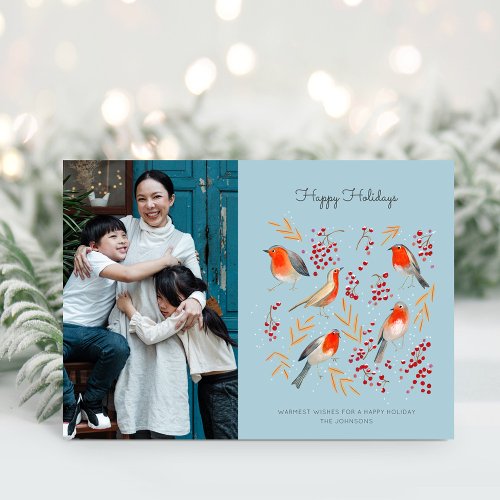 Cute Bird Red Robin Blue Christmas Family Photo Holiday Card