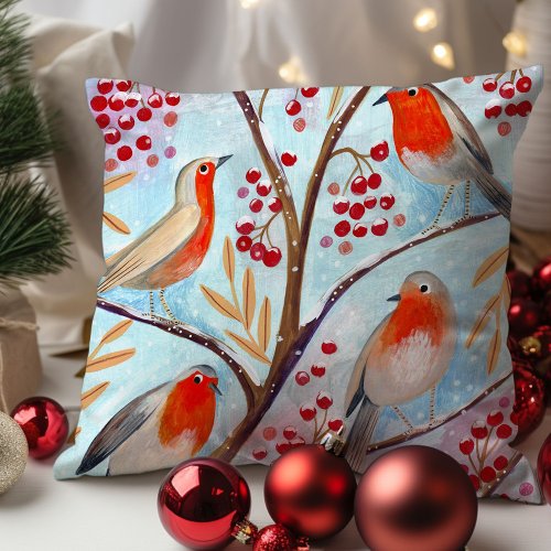 Cute Bird Red Robin Blue Christmas Family Throw Pillow