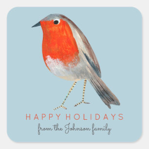 Cute Bird Red Robin Blue Christmas  Square Sticker