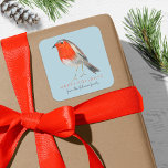 Cute Bird Red Robin Blue Christmas  Square Sticker<br><div class="desc">A cute bird botanical mailing label for your Christmas holiday post featuring cute hand painted red robin bird illustration on a snow white background sky. Original artwork by Caroline Bonne Müller</div>