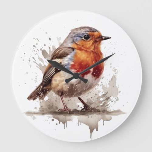 Cute bird red robin in water color large clock