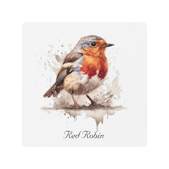 Cute bird red robin in watercolor, customizable  metal print (Front)