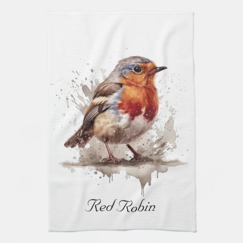 Cute bird red robin in watercolor kitchen towel