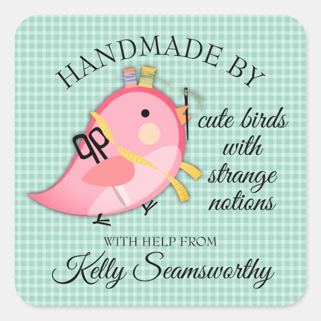 Cute bird sewing notions handmade by personalized square sticker (Front)