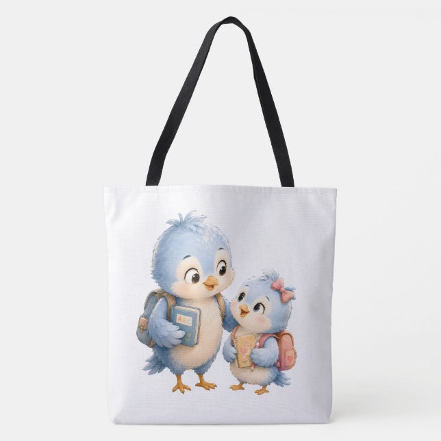 Cute Bird Siblings Black Tote Bag (Front)