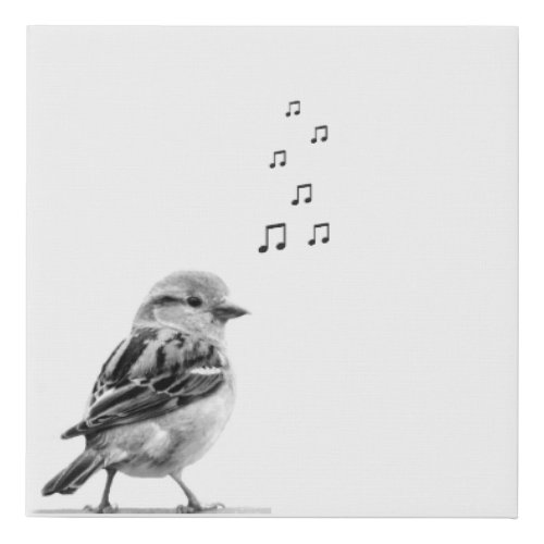 Cute Bird Singing a Tune Black  White Photography Faux Canvas Print
