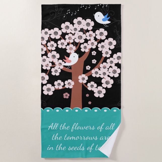 Cute Bird Singing in Pretty Garden Cool Quote Beach Towel (Front)