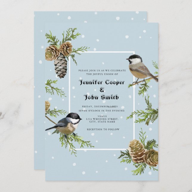 Cute Bird Snow Pine Cone Winter Wedding Invitation (Front/Back)