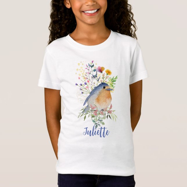 Cute Bird Spring's Coming Floral  T-Shirt (Front)