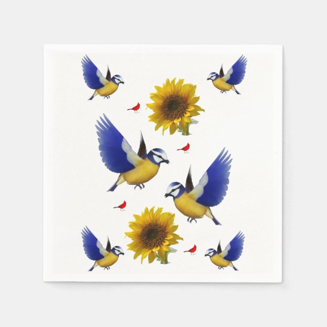 Cute Bird Sunflower Paper Napkins (Front)