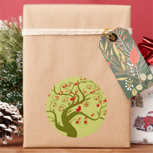 Cute Bird Swirl Tree Gifts and Invitations Classic Round Sticker (Holiday)
