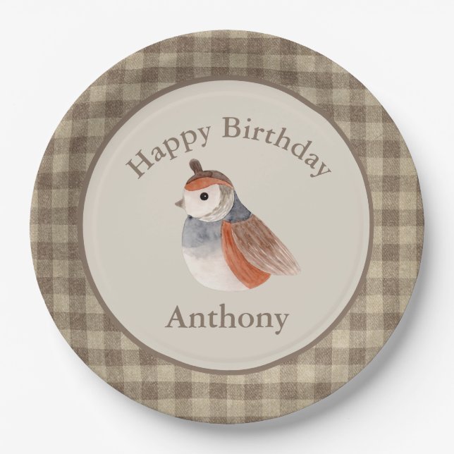 Cute Bird Watercolor Name Birthday Paper Plates (Front)