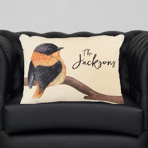 Cute Bird with Black and Orange Feathers on Branch Accent Pillow