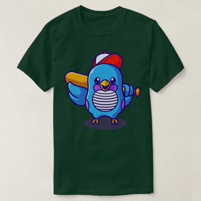 Cute Bird With Hat Holding Baseball Bat Cartoon T-Shirt (Design Front)