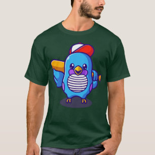 Cute Bird With Hat Holding Baseball Bat Cartoon T-Shirt