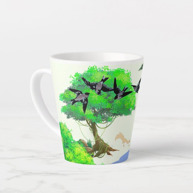 Cute bird withe Squirrels playing in the woods Latte Mug (Left Angle)