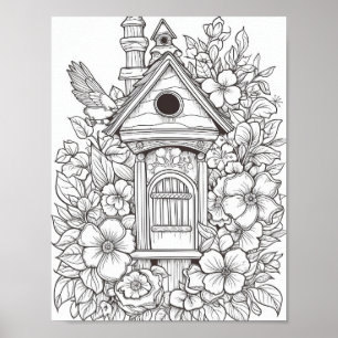Cute Birdhouse Adult Coloring Poster