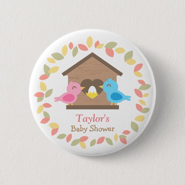 Cute Birdhouse Leaves Wreath Bird Baby Shower Pinback Button (Front)