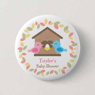 Cute Birdhouse Leaves Wreath Bird Baby Shower Pinback Button