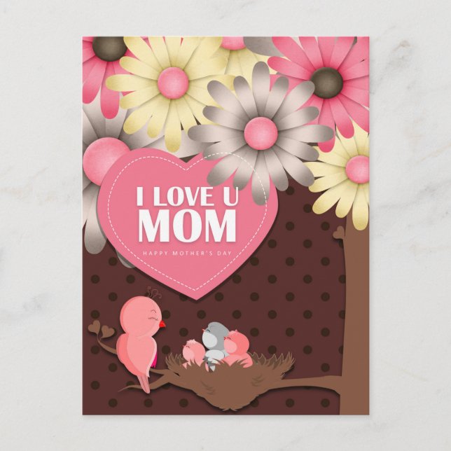 Cute Birdie Pink Yellow brown Floral Mother's Day Holiday Postcard (Front)