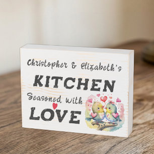 Cute birds add names love rustic kitchen wooden box sign