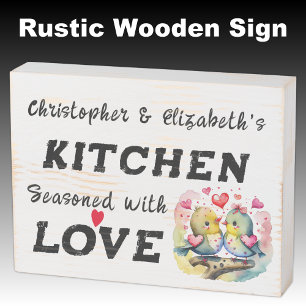 Cute birds add names love rustic kitchen wooden box sign