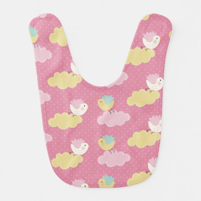 Cute birds and clouds pink   baby bib (Front)