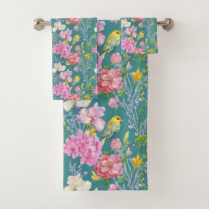 Cute birds and flowers bath towel set