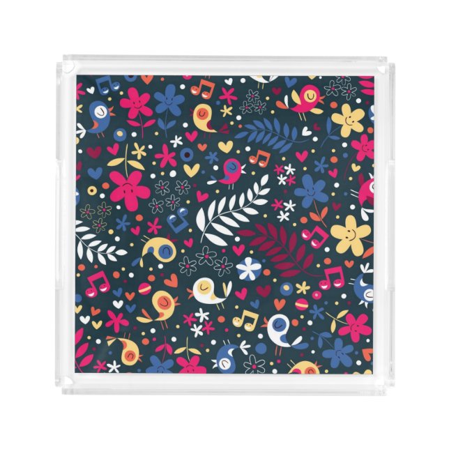cute birds and flowers pattern acrylic tray (Front)