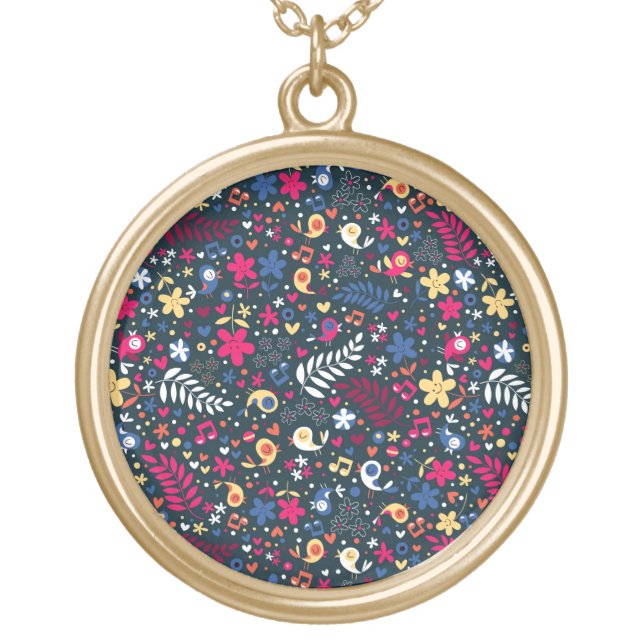cute birds and flowers pattern gold plated necklace (Front)