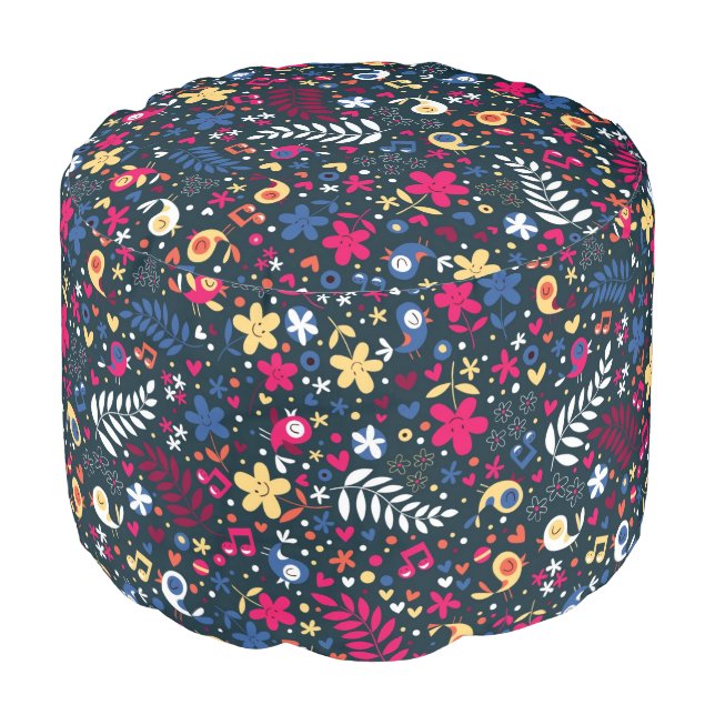cute birds and flowers pattern pouf (Angled Front)