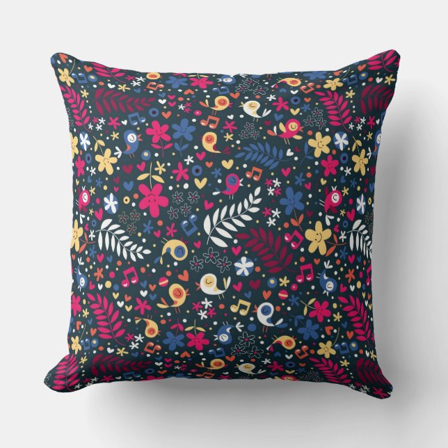 cute birds and flowers pattern throw pillow (Front)