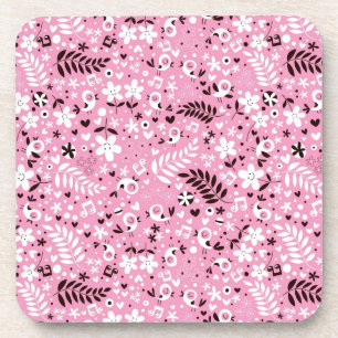 cute birds and flowers pink pattern beverage coaster