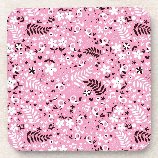 cute birds and flowers pink pattern beverage coaster (Front)