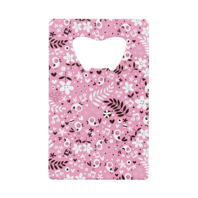 cute birds and flowers pink pattern credit card bottle opener (Front)