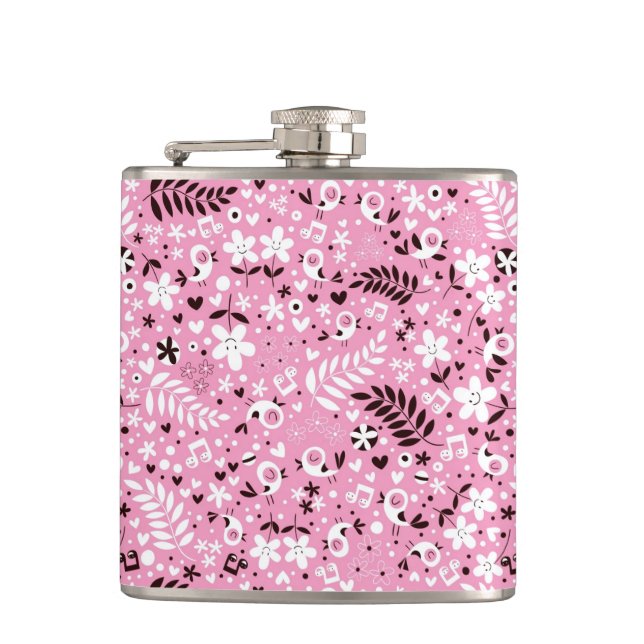 cute birds and flowers pink pattern hip flask (Front)